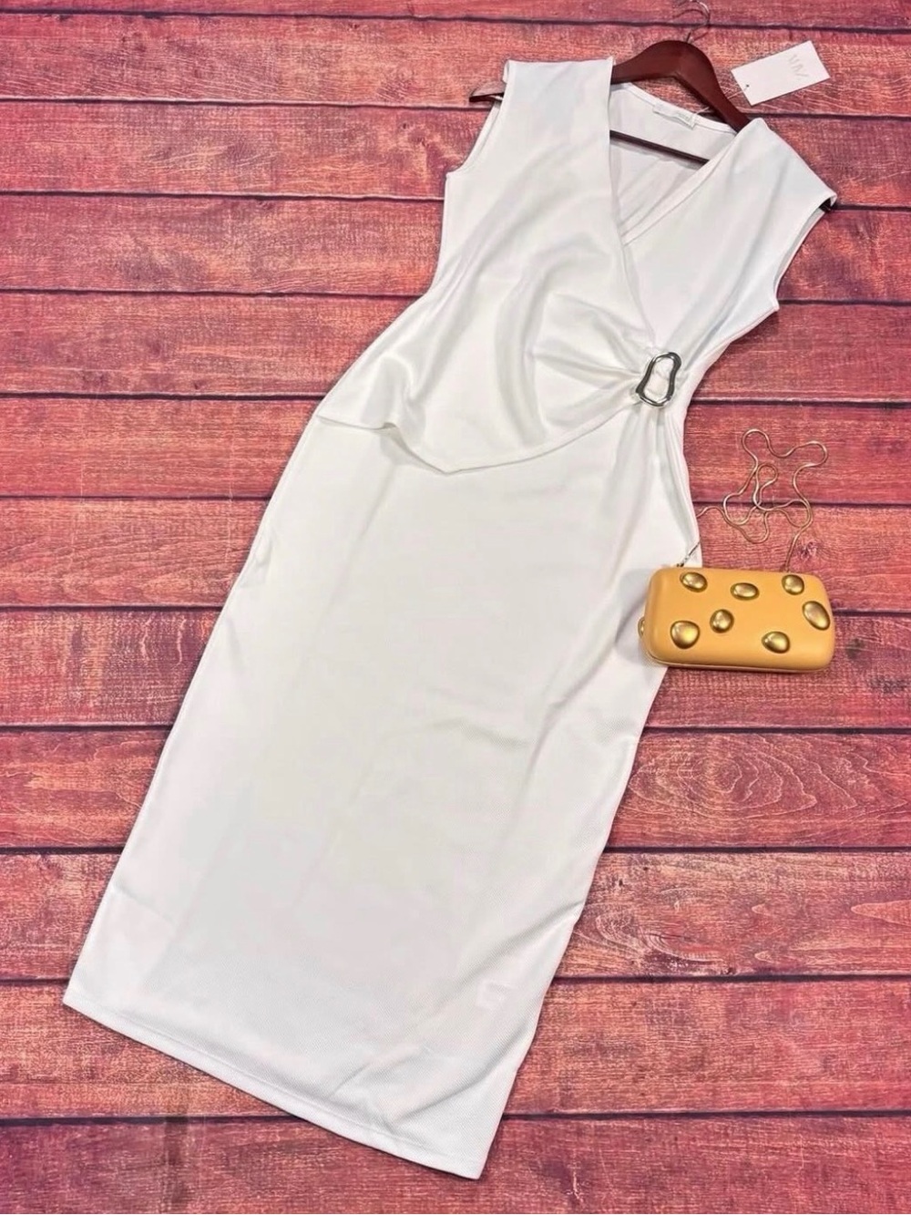 Zara White Sleeveless Wrap-Front Midi Dress with Gold Ring